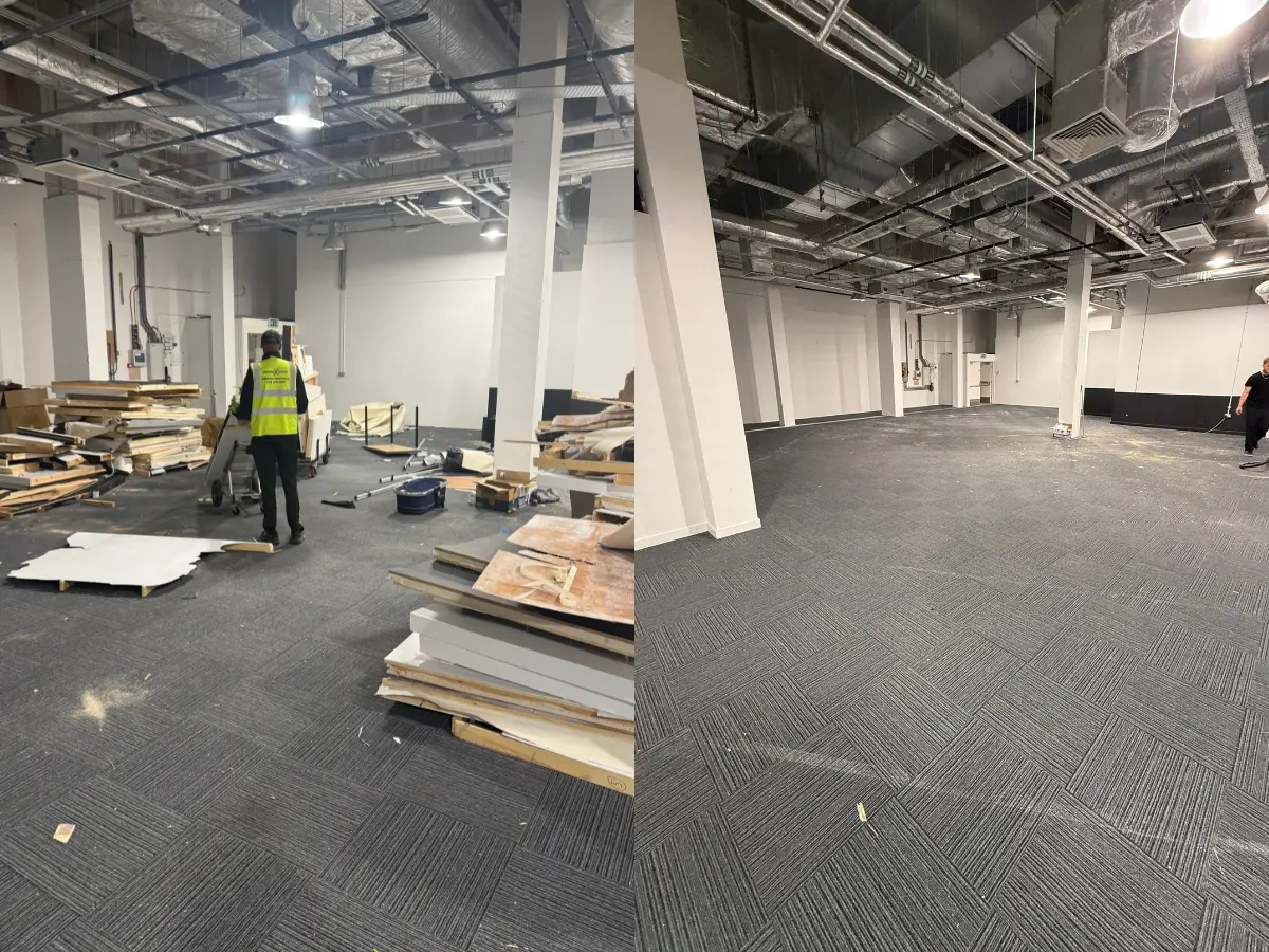 Large commercial office during clearance and after furniture, fittings and waste have been removed.