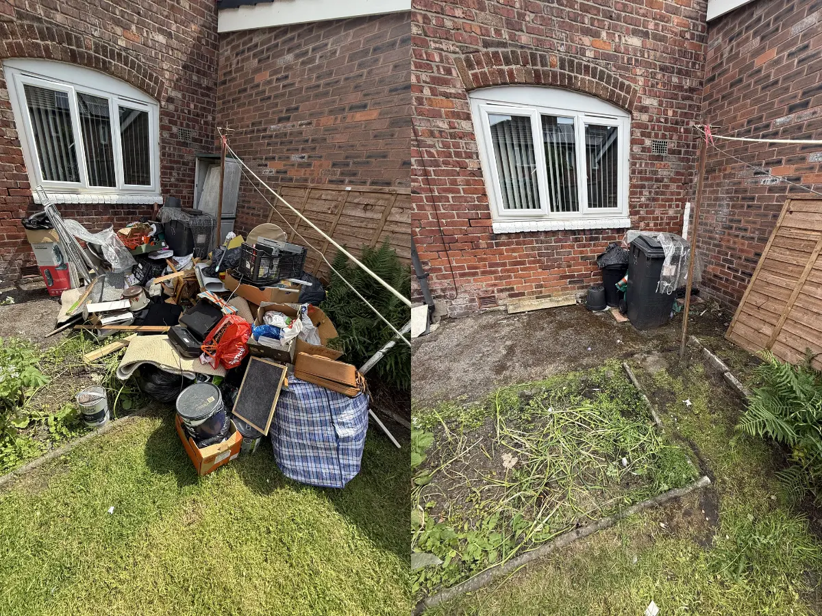 Before and after comparison showing a garden cleared of household rubbish by a professional rubbish removal team in Bolton.
