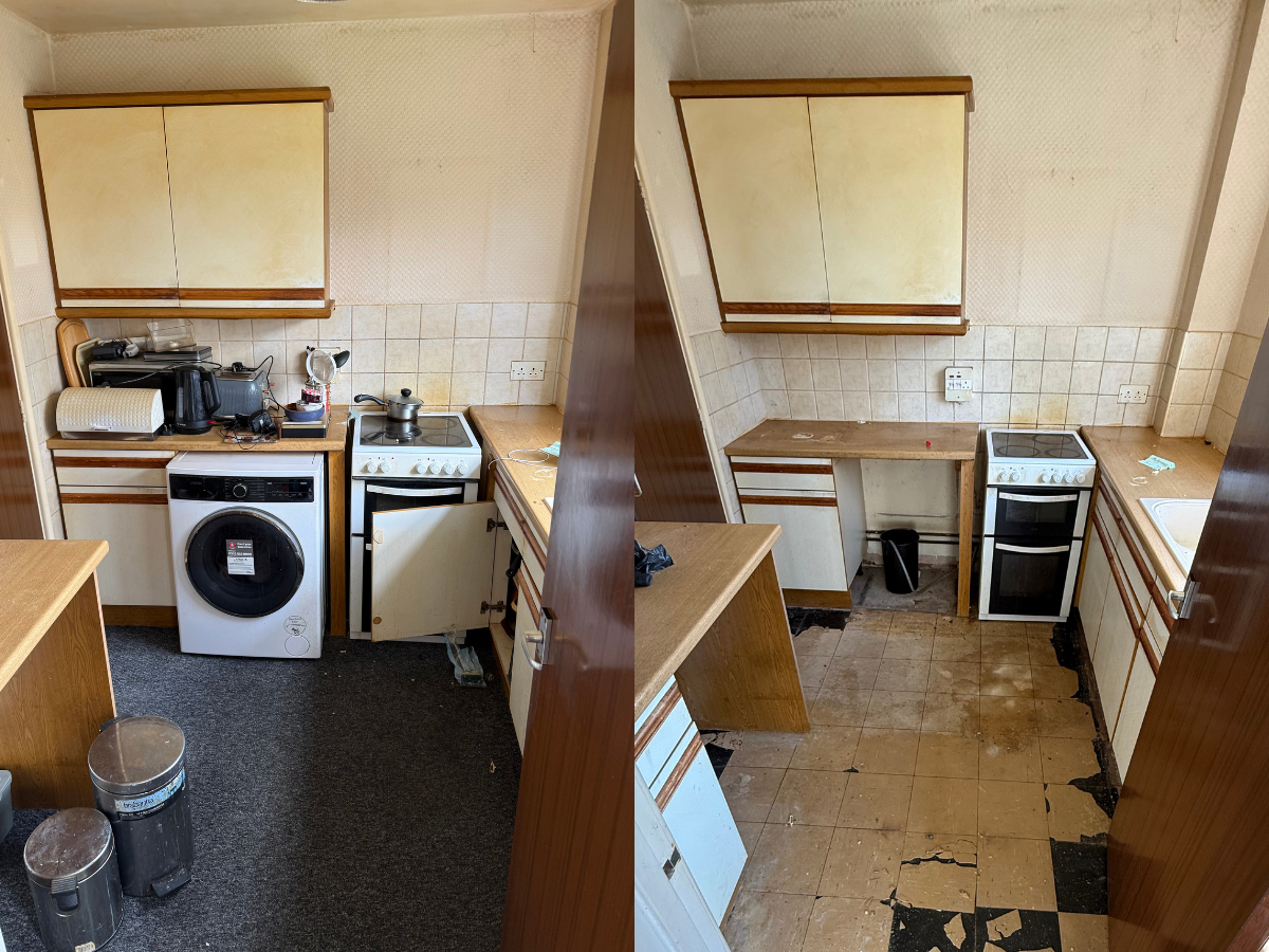 Kitchen before and during a house clearance with appliances, belongings and flooring being removed.