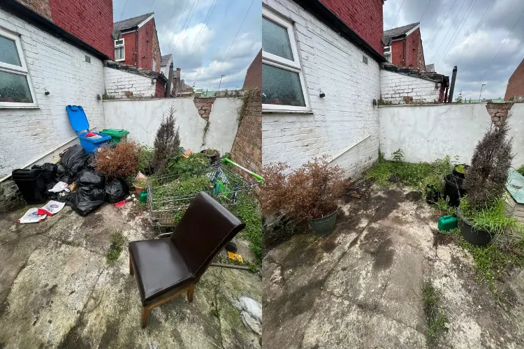 Before and after image of a Manchester backyard cleared of bags, clutter and garden rubbish, leaving the outdoor space clean and tidy.