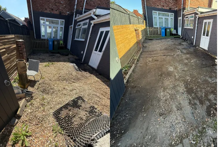 Before and after photo showing a Manchester garden cleared of waste, debris and surface materials, leaving the area clean and ready for use.