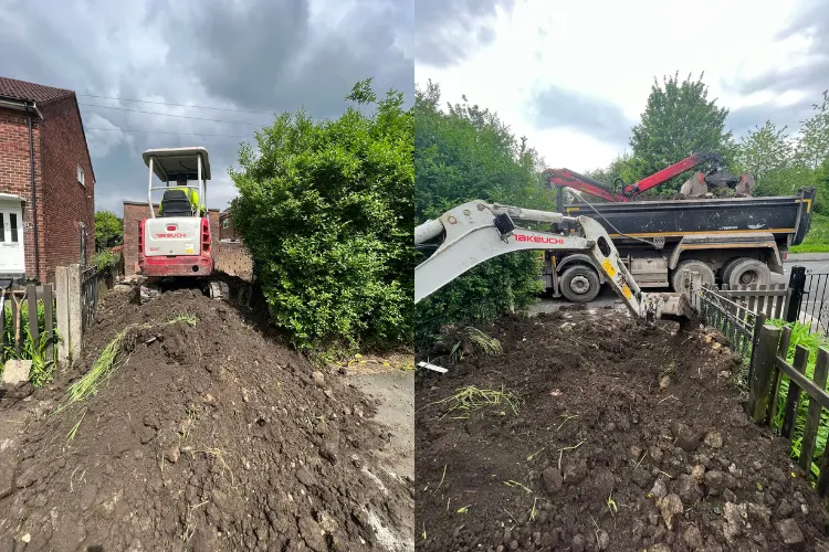 photo showing soil and heavy waste clearance in a Manchester garden using machinery and grab hire support.