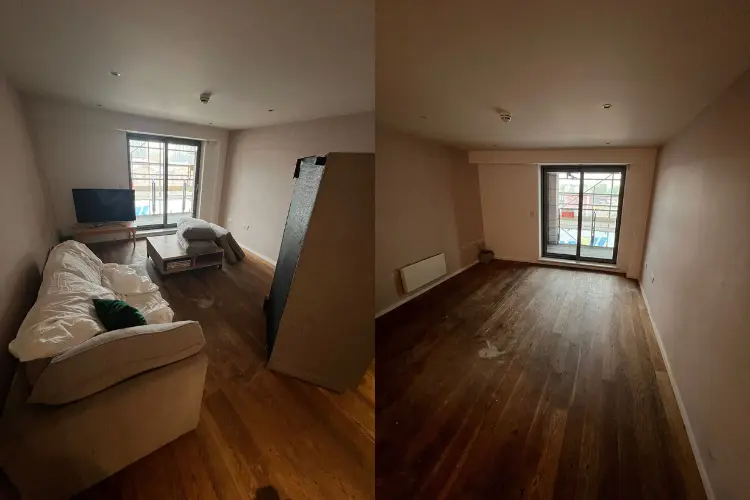 Combined before and after image of a room with sofa and furniture on the left, and the same room cleared and empty on the right after WasteXpress finished the removal.