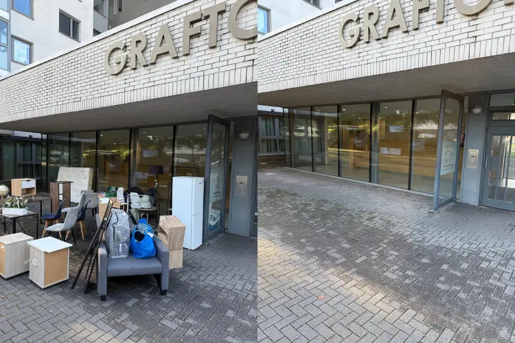 Combined before and after image showing outdoor furniture and rubbish awaiting removal on the left, and a clean, empty entrance area on the right after WasteXpress completed the clearance.