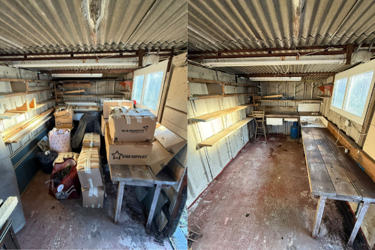 Before and after full garage clearance in Manchester, with boxes, timber and stored items removed.
