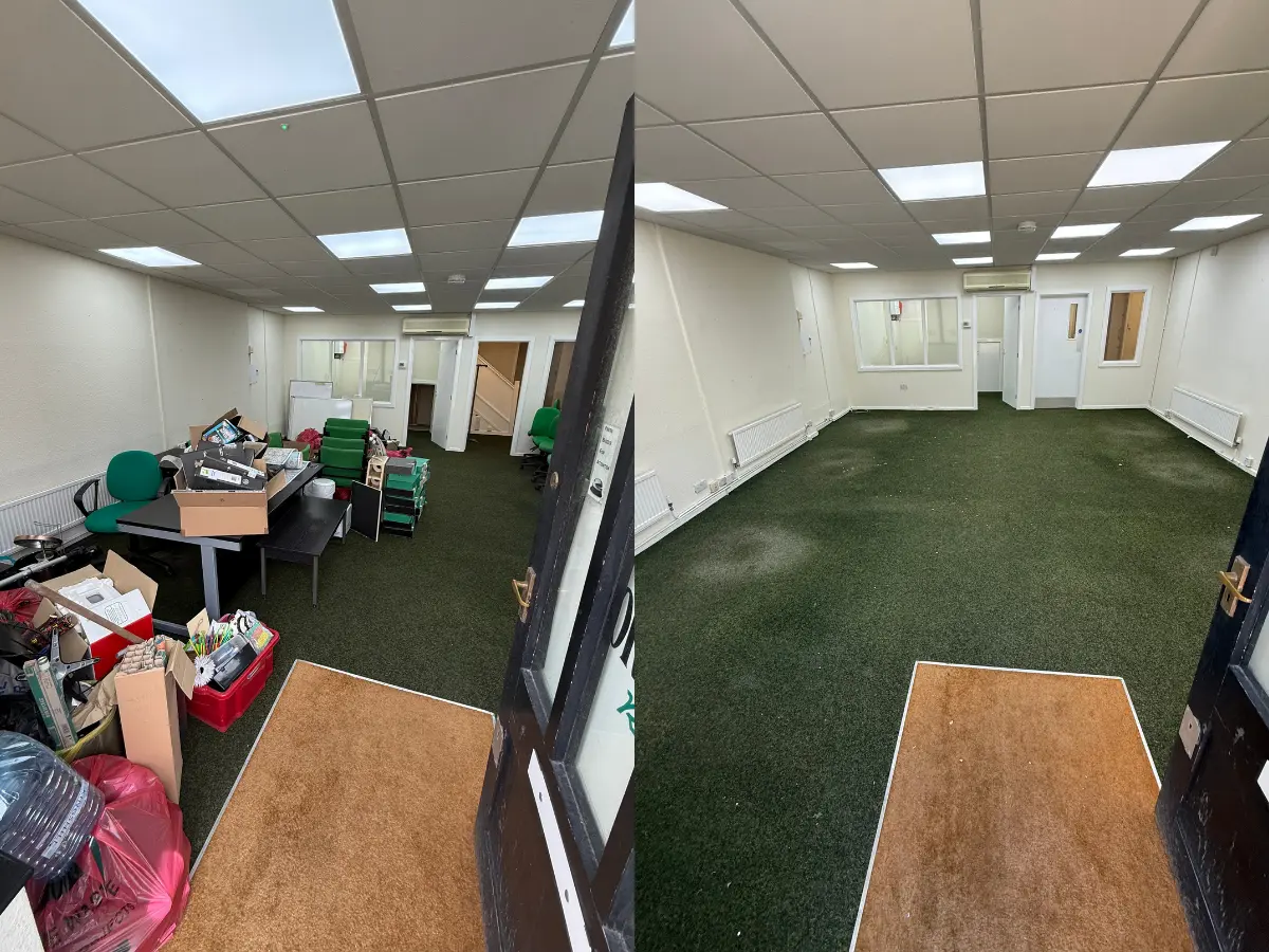 Cluttered office before clearance and the same office emptied after the unwanted furniture and waste were removed.
