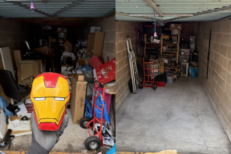 Residential garage before and after clearance, with unwanted household items removed by WasteXpress.