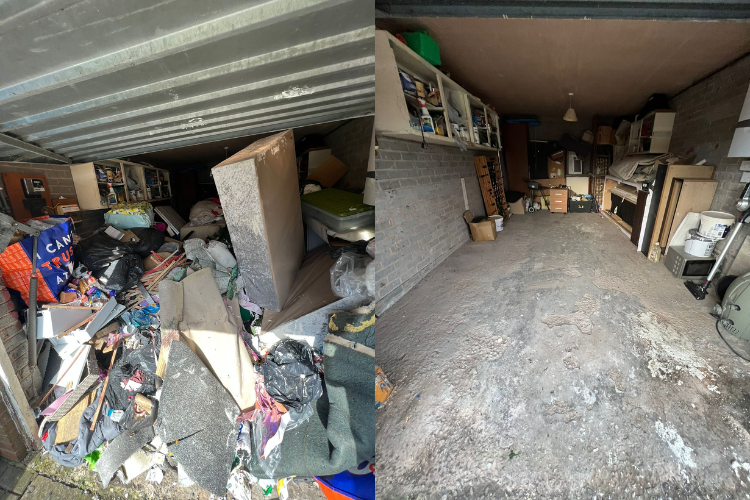 Before and after garage clearance in Manchester, showing household rubbish and bulky items professionally removed.