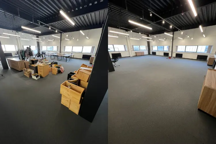 Combined before and after image showing a large Manchester office with desks, boxes and items before clearing, and the same space empty after WasteXpress completed the office clearance.