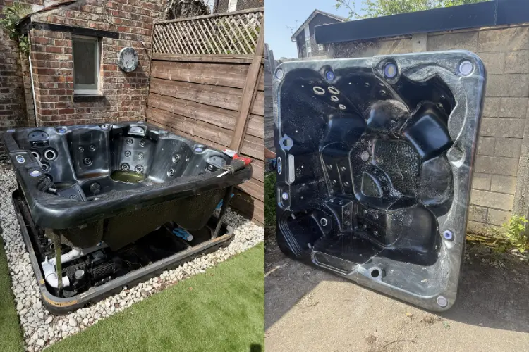 Large hot tub being removed from a garden as part of an outdoor clearance service in Manchester.