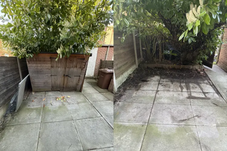 Before and after removal of a small wooden garden shed in Manchester, leaving the paved area clear and tidy.
