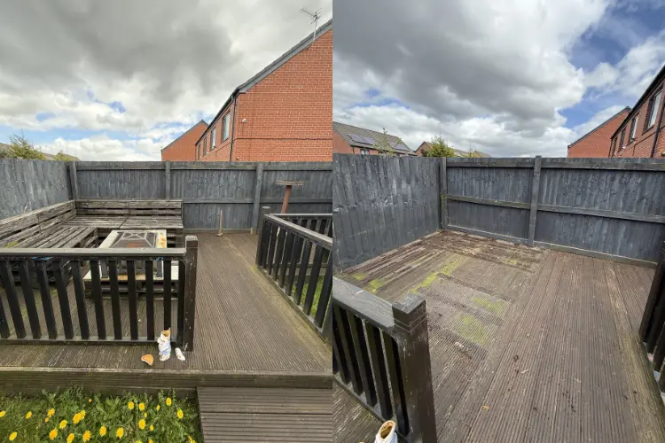 Before and after timber decking removal in Manchester, with the old garden structure dismantled and removed.