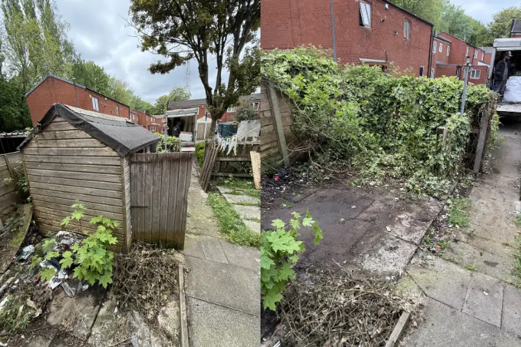 Before and after shed removal in Manchester, showing an old timber garden shed dismantled and the area cleared.