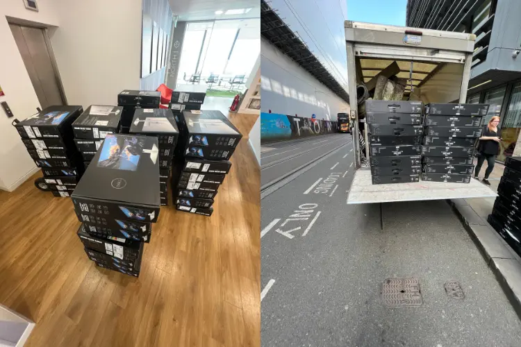 Combined image showing stacks of boxed tower PCs inside an office before removal, and the same equipment loaded onto a WasteXpress van during an office clearance in Manchester.