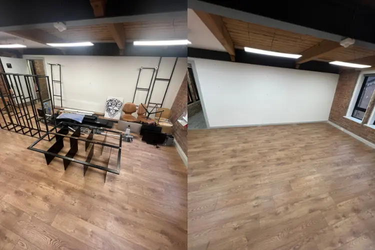 Combined image showing a Manchester office space before clearance with furniture and items, and the same office after clearance with the room fully emptied.