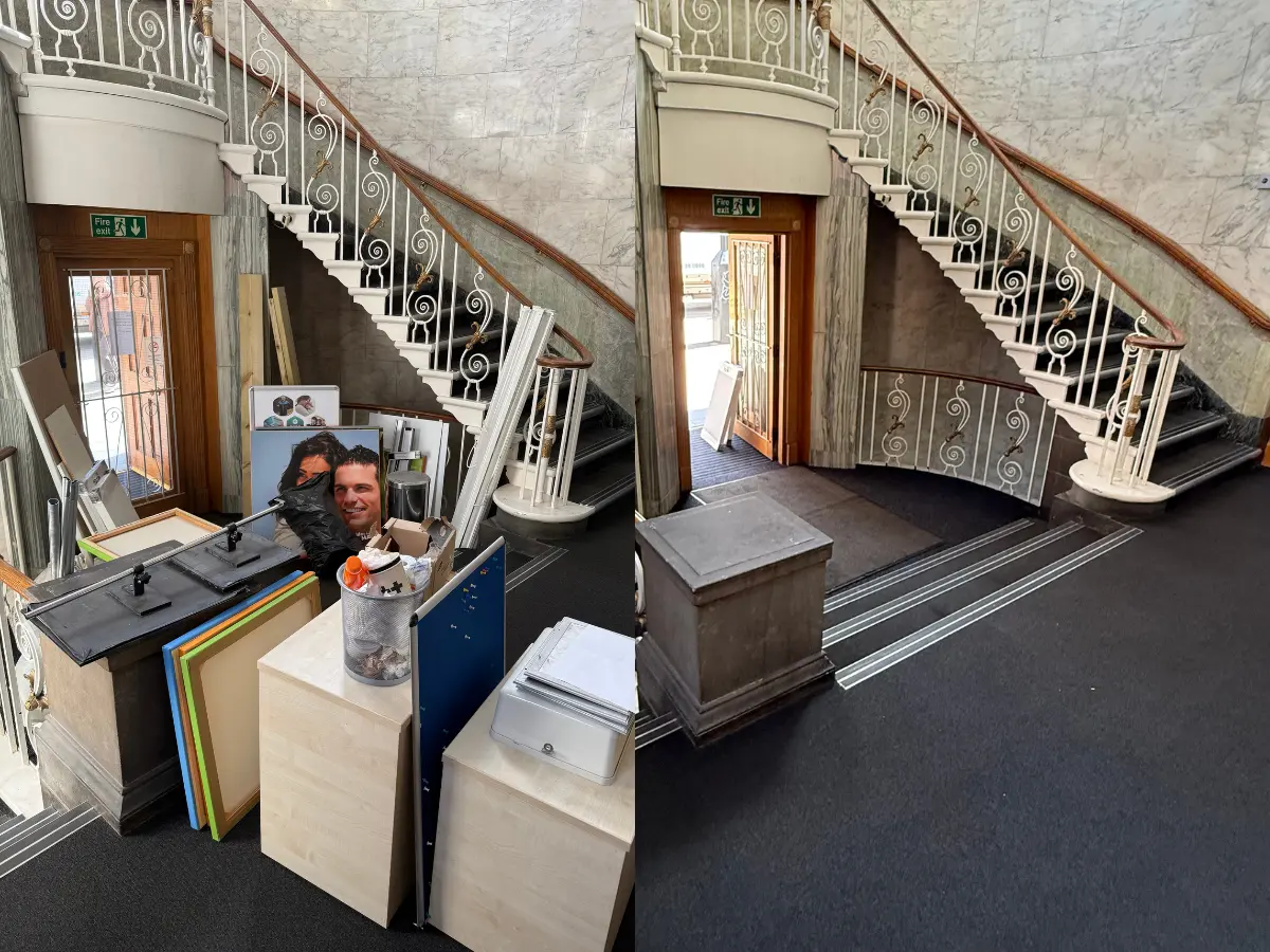 Commercial stairwell before and after office furniture, displays and waste were removed for handover.