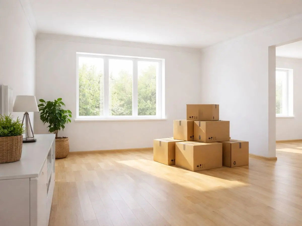 Bright empty living room with wooden floor and stacked moving boxes, prepared for property sale and house clearance.