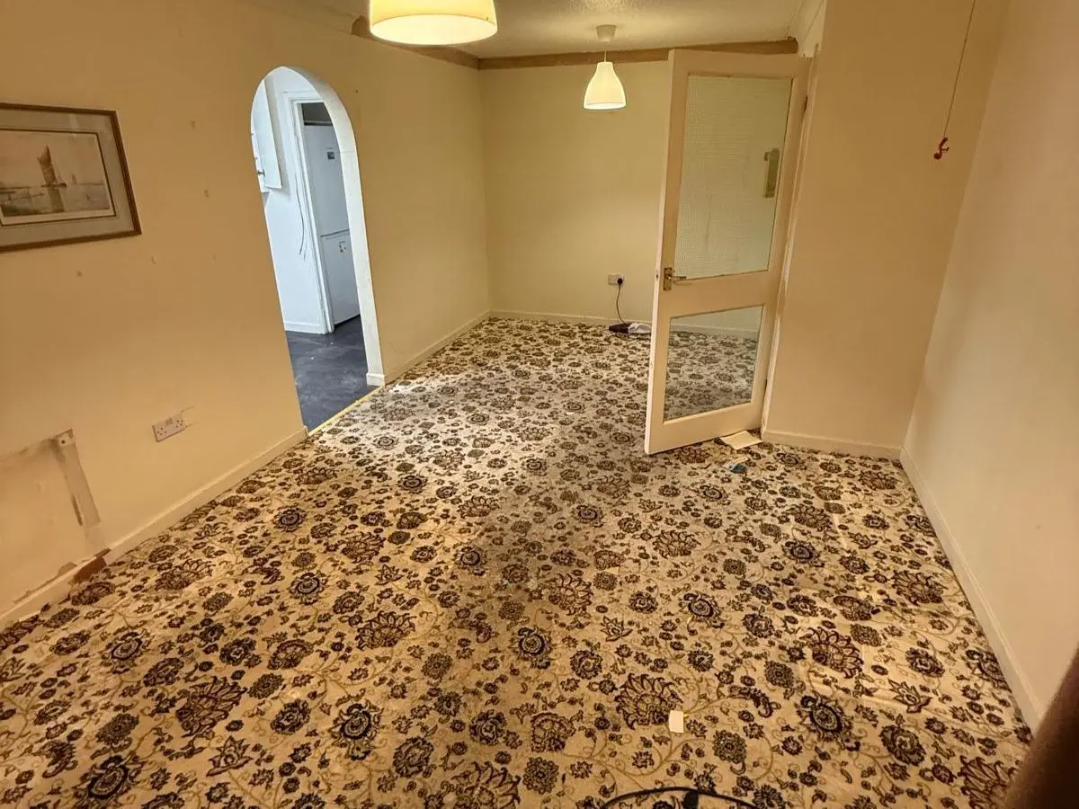 Empty living room with carpet after house clearance showing cleared space ready for reuse or sale.