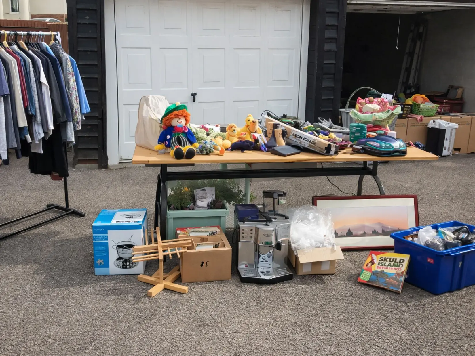 Household items, clothes and furniture arranged outside a garage during house clearance before selling a property.