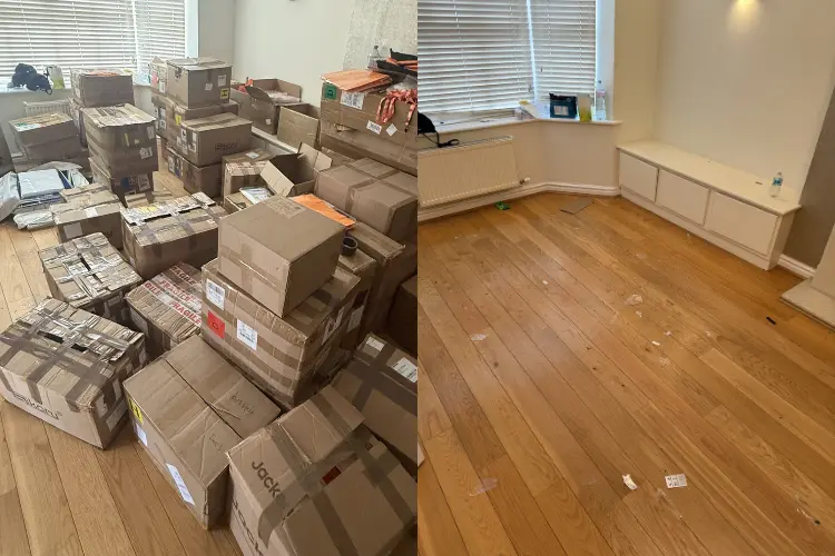 Before and after probate clearance showing boxes and household contents removed from a Manchester property.