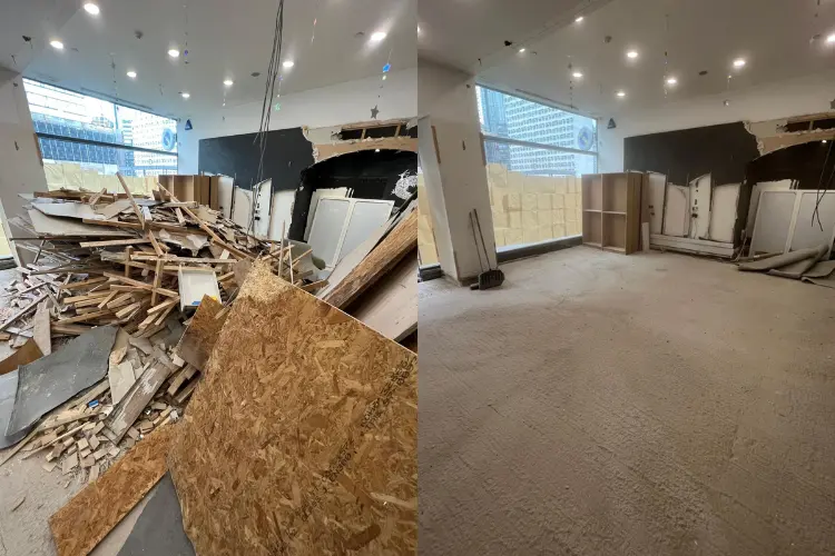 Combined before and after image showing a Manchester site filled with construction debris before clearance, and the same space fully cleared and emptied after WasteXpress completed the work.