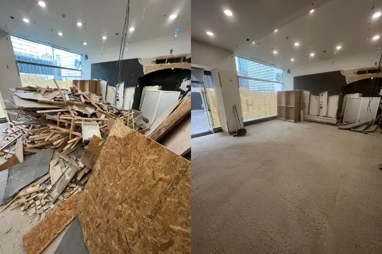 Combined before and after image showing a Manchester site filled with construction debris before clearance, and the same space fully cleared and emptied after WasteXpress completed the work.