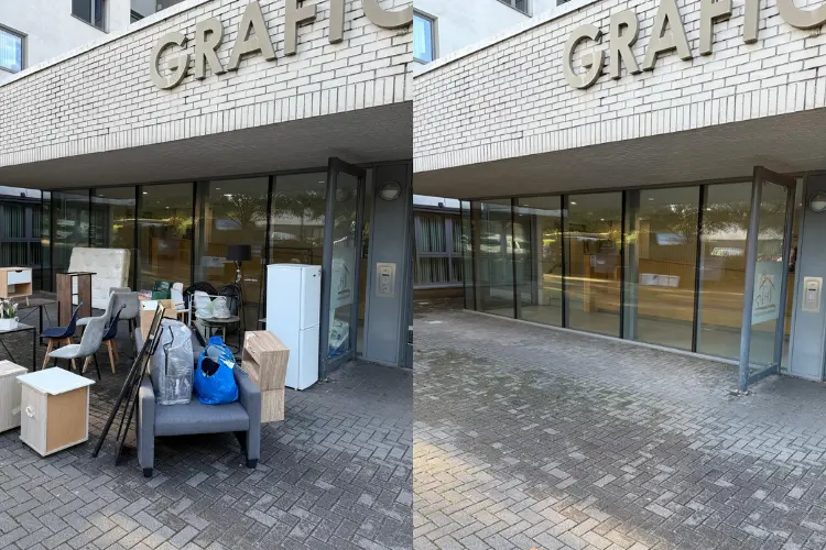Before and after apartment clearance in Manchester, showing unwanted furniture removed from outside the building.
