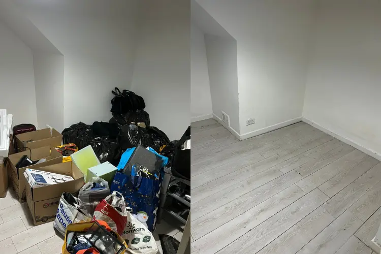 Before and after photo showing a room in Manchester cleared of household rubbish, bags and boxes removed by WasteXpress, leaving the space clean and empty.