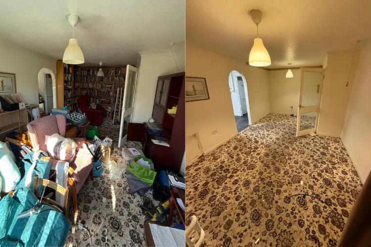 Cluttered living room before and after a professional probate property clearance in Manchester.