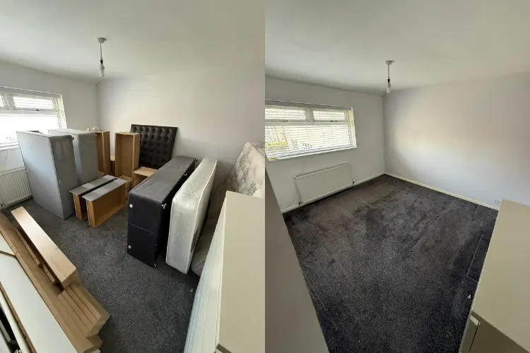 Before and after probate house clearance in Manchester, showing bedroom furniture and household items carefully removed.