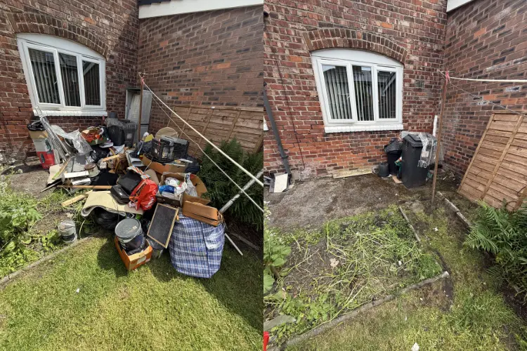Rear garden before and after a house clearance, with household rubbish and outdoor waste safely removed.