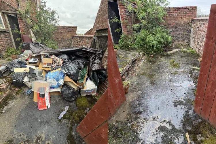 Before and after property clearance showing bags, boxes and household clutter removed from an outdoor area.