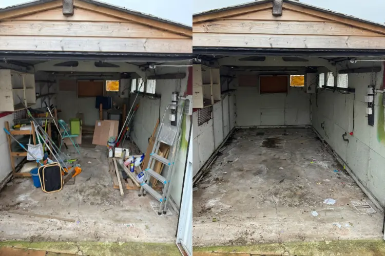 Before and after garage clearance showing complete rubbish removal by WasteXpress in Manchester.