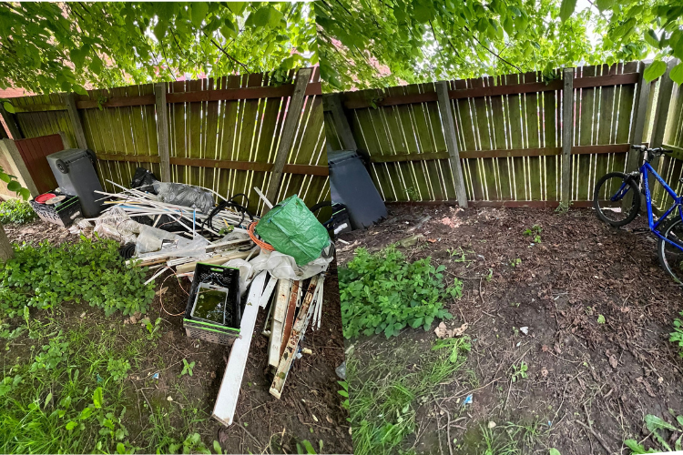 Combined image showing garden waste, rubbish and debris piled against a fence before clearance, and the same garden area cleared and tidy after rubbish removal.