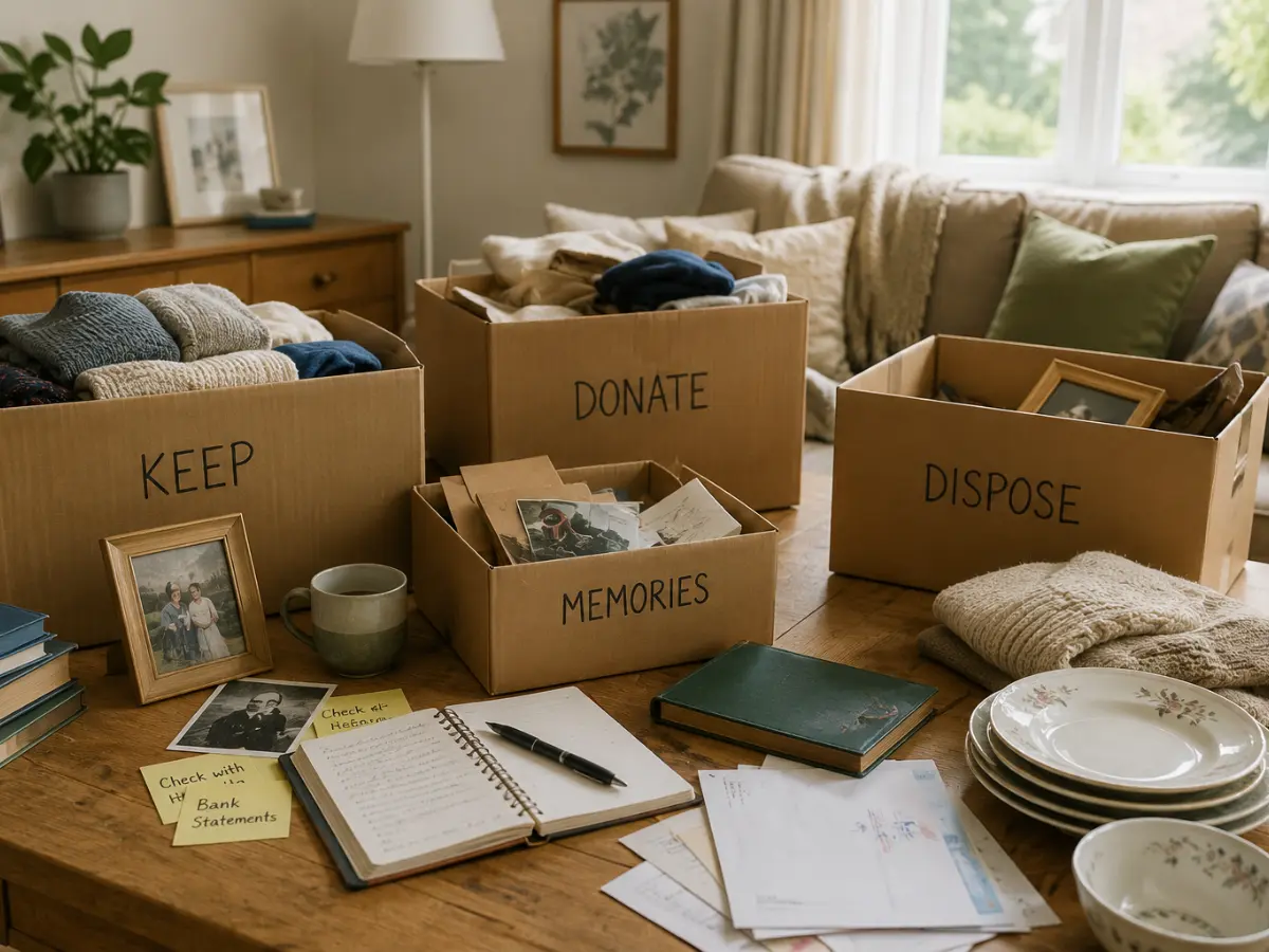 Personal belongings sorted into keep, donate, dispose and memories categories during a probate house clearance after the death of a loved one.