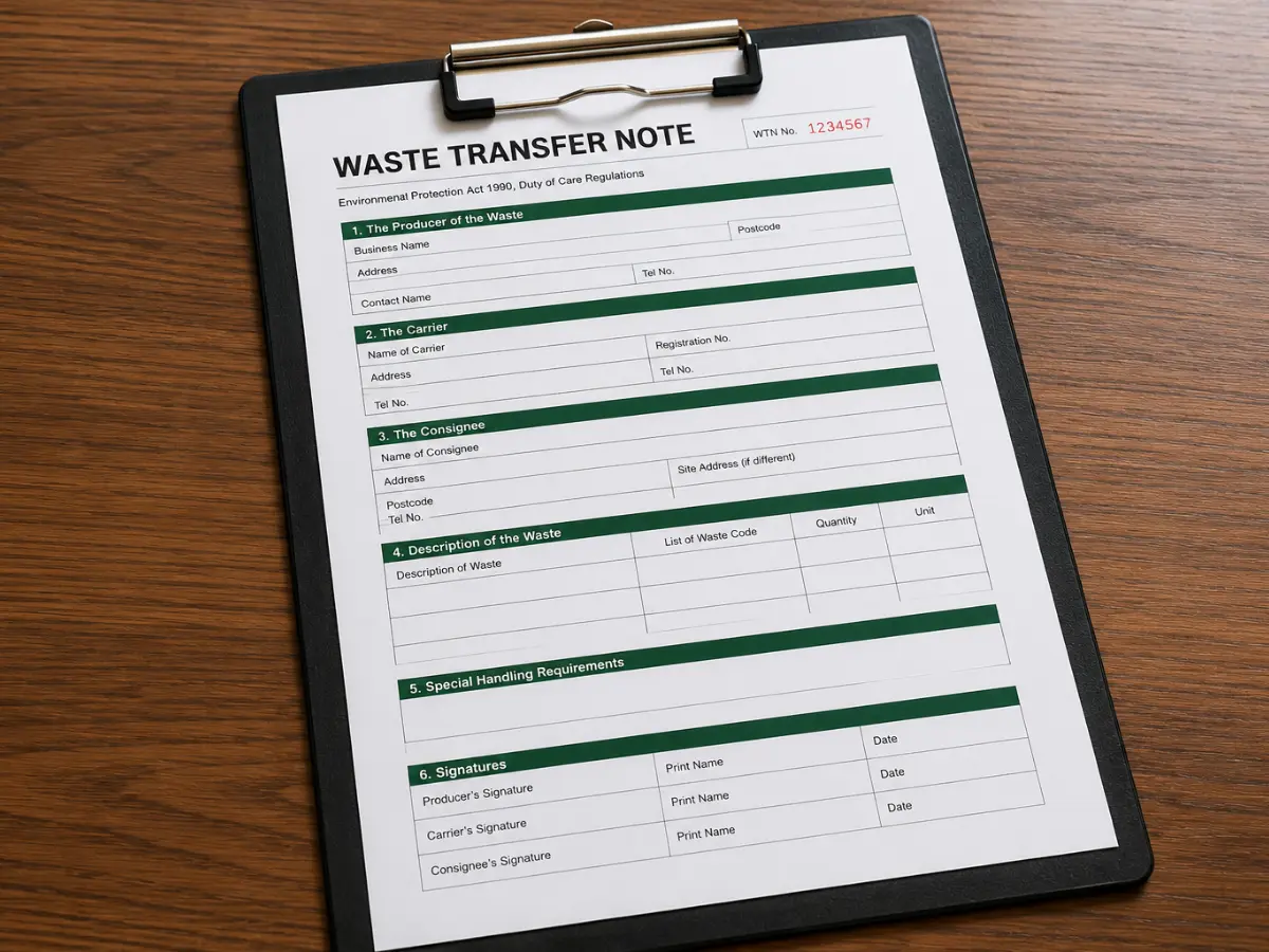 Waste Transfer Note (WTN) on a clipboard used to document compliant business waste collection and duty of care requirements in the UK.