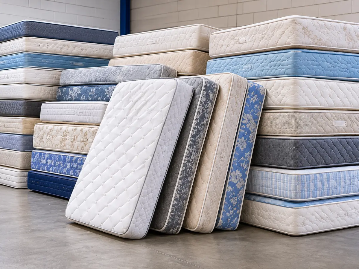 Stacked used mattresses at a recycling facility awaiting sorting, recovery, and mattress recycling processes.