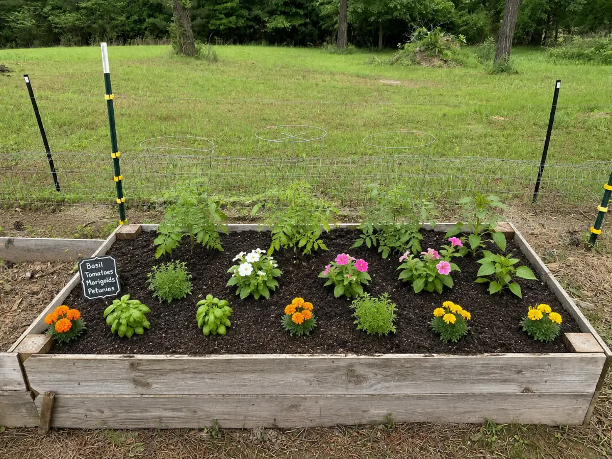 Raised garden bed created using reused excess soil from a garden project, supporting healthy plant growth.