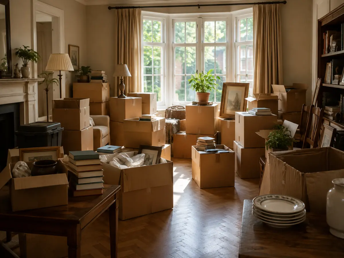Packed boxes and household belongings organised inside a family home before a probate house clearance and property clearance process.