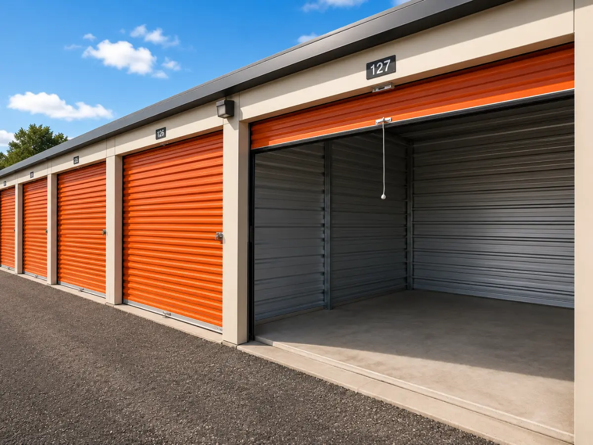 Clean empty self-storage unit after successful clearance and removal of stored items.