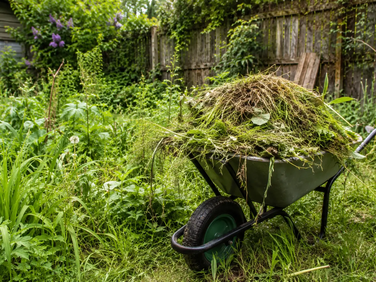 Wheelbarrow filled with weeds, grass cuttings, and green waste in an overgrown garden ready for spring clearance and maintenance.