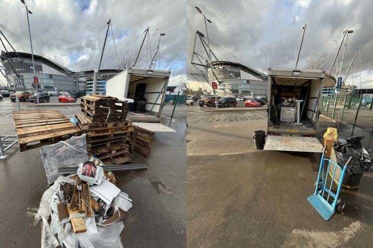 Wood pallets and bulk waste being loaded into a WasteXpress truck in Manchester
