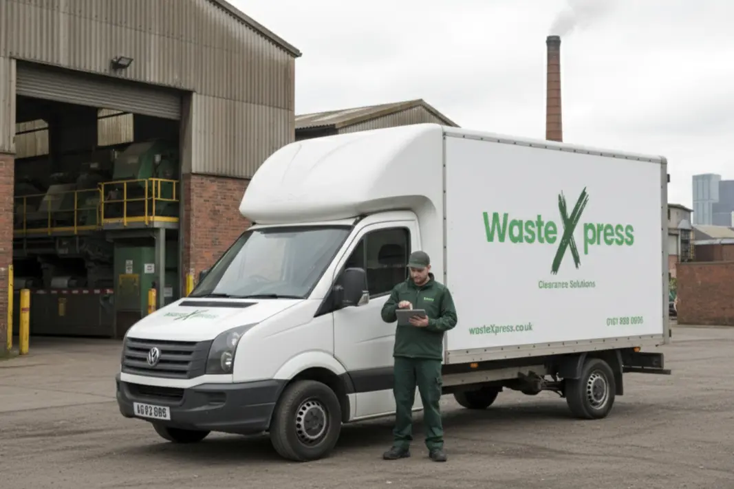 WasteXpress waste removal van parked at an industrial recycling facility,