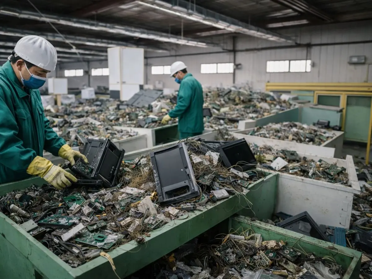 Workers sorting and dismantling electronic waste at a recycling facility handling electrical items and e-waste materials.