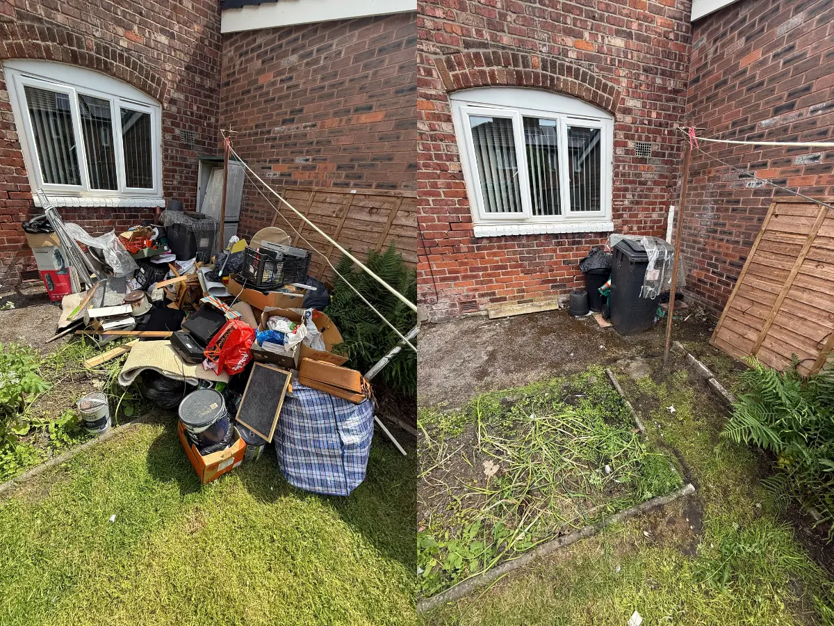 Before and after garden clearance showing household rubbish and bulky waste removed from an outdoor area in Manchester.