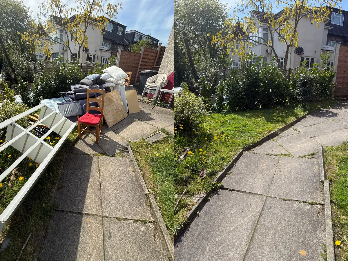 Outdoor area before and after unwanted furniture and rubbish were removed.