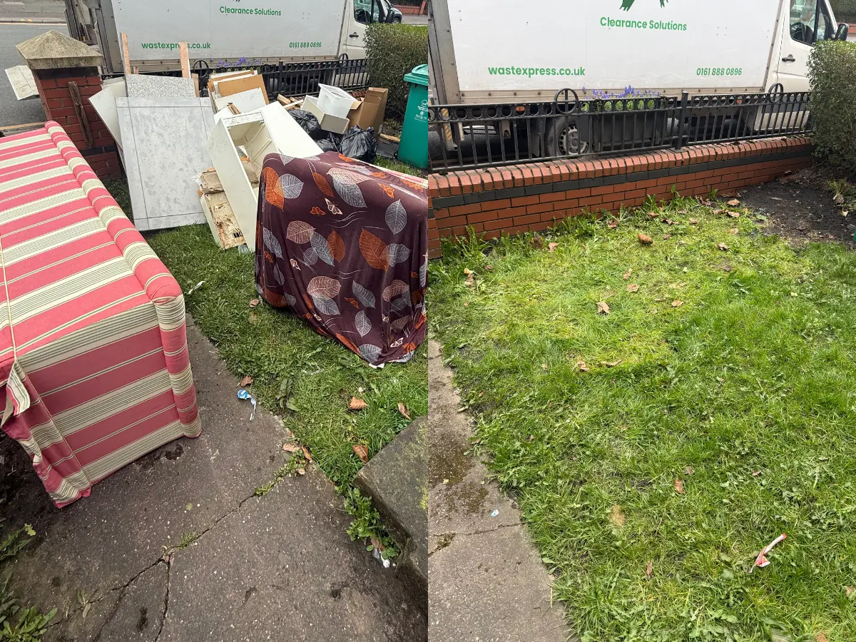 Outdoor area before and after rubbish removal showing waste cleared without leaving a skip on site.