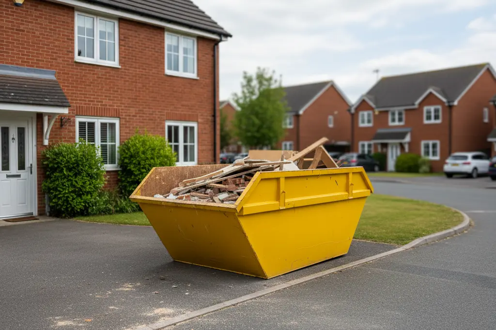 Skip placed on a residential driveway during home renovation in the UK